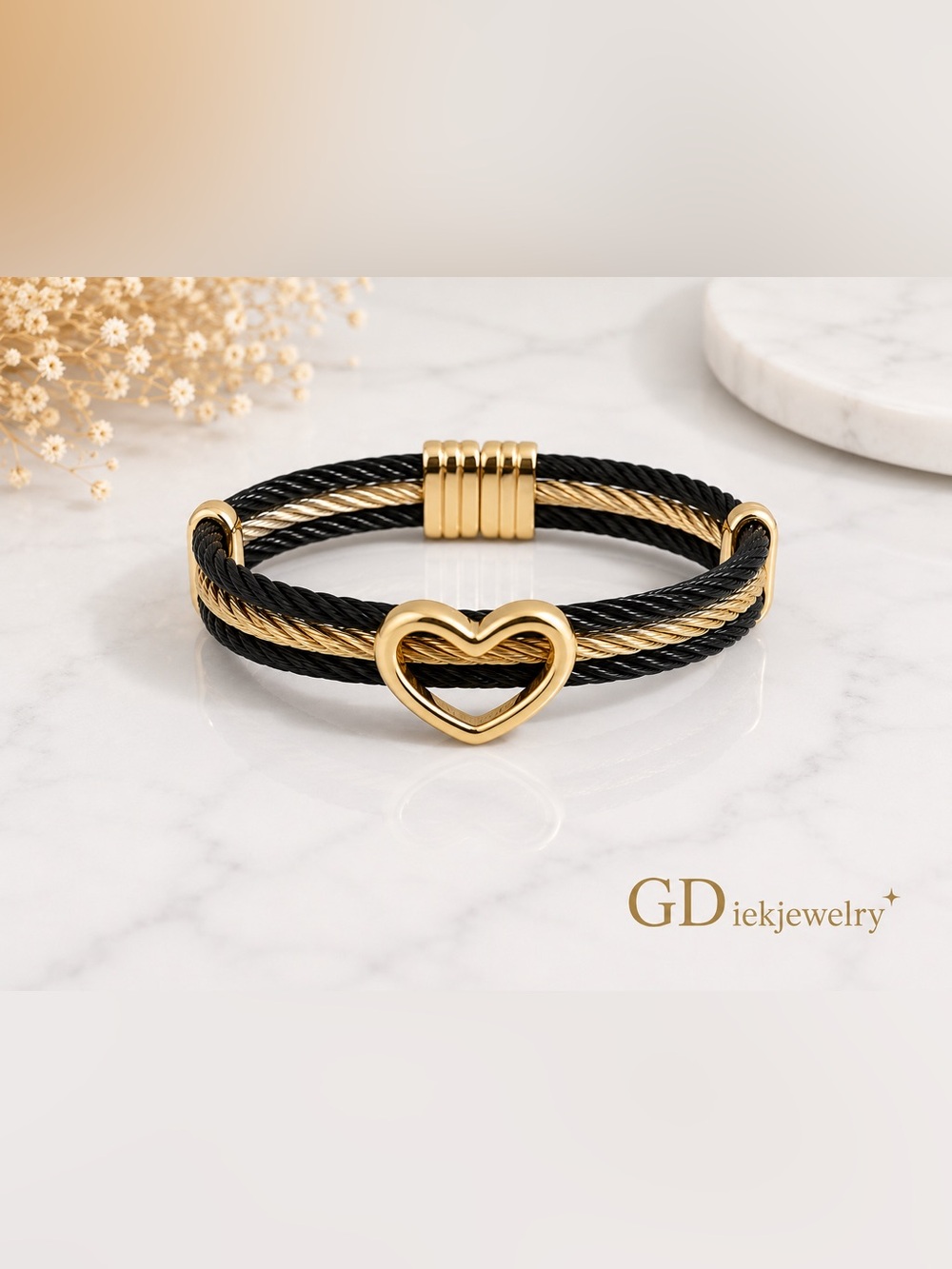 Stainless steel Gold & Black Heart Cable Bracelet